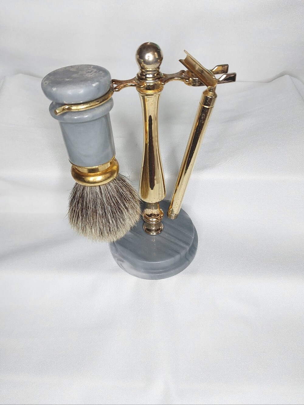 Vintage Italian Shaving Set- Brass And Marble 3 Pc. Grooming Stand